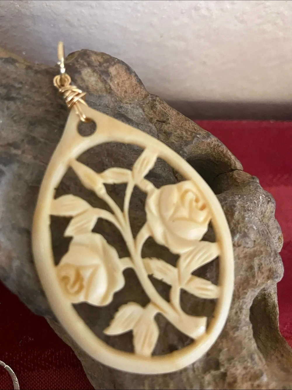 Vintage Hand Carved Bovine Bone Teardrop Art Nouveau Pendant